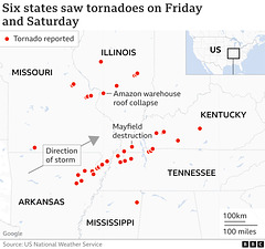clch - USA, tornado map for 12th Dec 2021