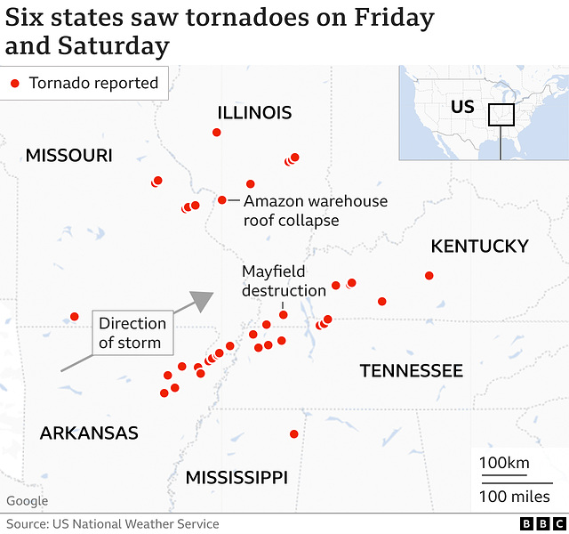 clch - USA, tornado map for 12th Dec 2021