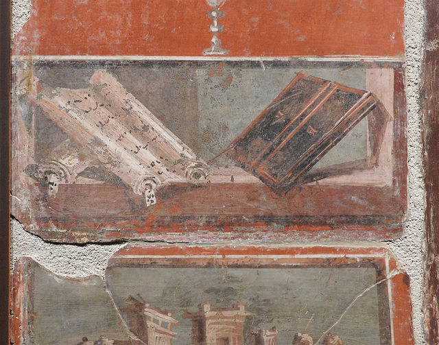 Detail of a Still Life Fragment with a Vase, Scroll, Landscape and Fruit Fresco from Herculaneum at ISAW, May 2022