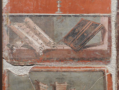 Detail of a Still Life Fragment with a Vase, Scroll, Landscape and Fruit Fresco from Herculaneum at ISAW, May 2022