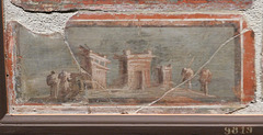 Detail of a Still Life Fragment with a Vase, Scroll, Landscape and Fruit Fresco from Herculaneum at ISAW, May 2022