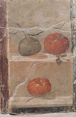 Detail of a Still Life Fragment with a Vase, Scroll, Landscape and Fruit Fresco from Herculaneum at ISAW, May 2022