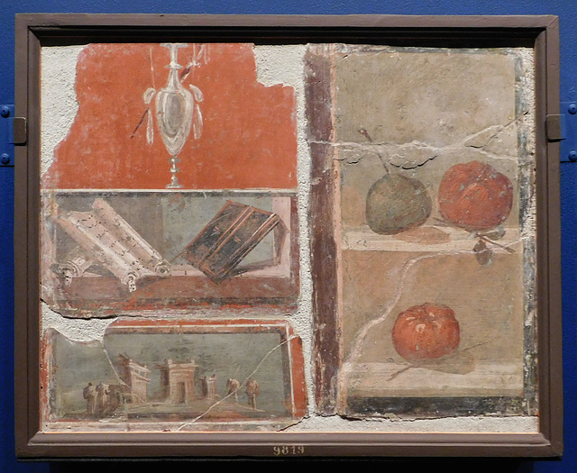 Still Life Fragment with a Vase, Scroll, Landscape and Fruit Fresco from Herculaneum at ISAW, May 2022