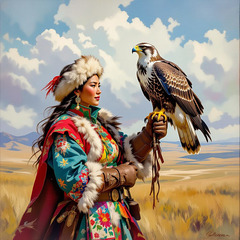 Fauconnière en costume de Mongolie************IA-KI****