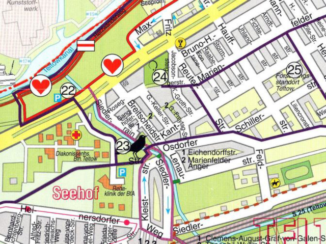 Auszug aus dem Stadtwegeplan von Teltow. Der kreisrunde Konnektor 24 bezeichnet den Gutspark in Teltow Seehof (Sabersky-Park)