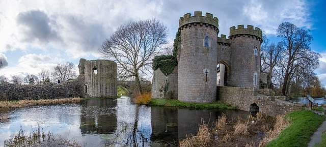 Panorama of Wittington Castle and moat.