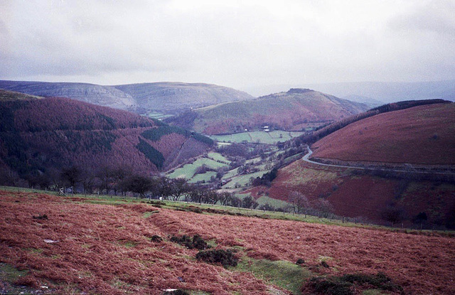Looking westward along the River Dee from the slopes of Castell Dinas Bran. (Scan from February 1990)