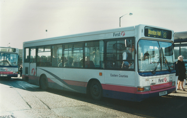 First Eastern Counties 364 (S551 WAT) and 360 (V360 DVG) in Bury St. Edmunds – Dec 2000 First Eastern Counties 364 (S551 WAT) and 360 (V360 DVG) in Bury St. Edmunds – Dec 2000