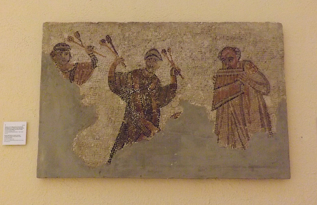 Copy of a Mosaic with Two Maidens with Castanets and a Pan-pipe Player from Carthage in the Museum of Roman Civilization in EUR, July 2012