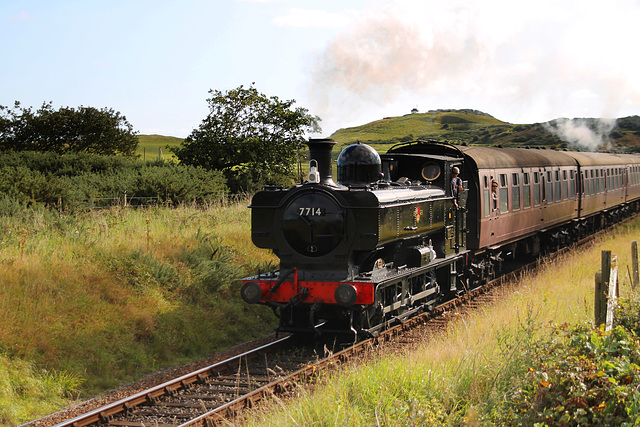 GWR 5700 class 0-6-0PT 7714 near Sheringham with 2M06 09.28 Sheringham - Holt, North Norfolk Railway 2nd September 2017.