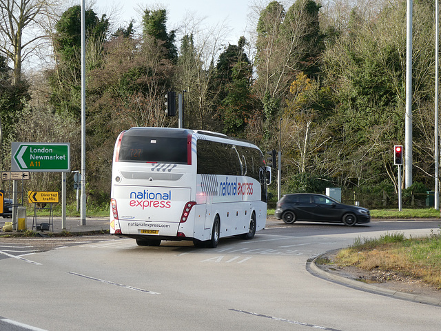 Ambassador Travel (National Express contractor) 218 (BV19 XOZ) at Fiveways, Barton Mills - 12 Dec 2021 (P1100197)