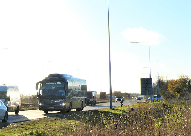 Prospect Coaches PR19 STU on a Megabus service on the A11 at Barton Mills - 12 Dec 2021 (P1100203)