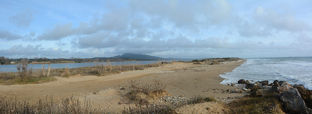 Greece, Kerkyra (Corfu), The Sand Strip between the Korission Lagoon (left) and the Ionian Sea (right)