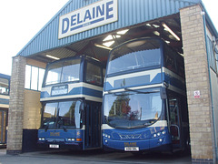 DSCF4982 Delaine Buses 130 (X7 OCT) and 150 (AD61 DBL) at Bourne - 29 Sep 2018