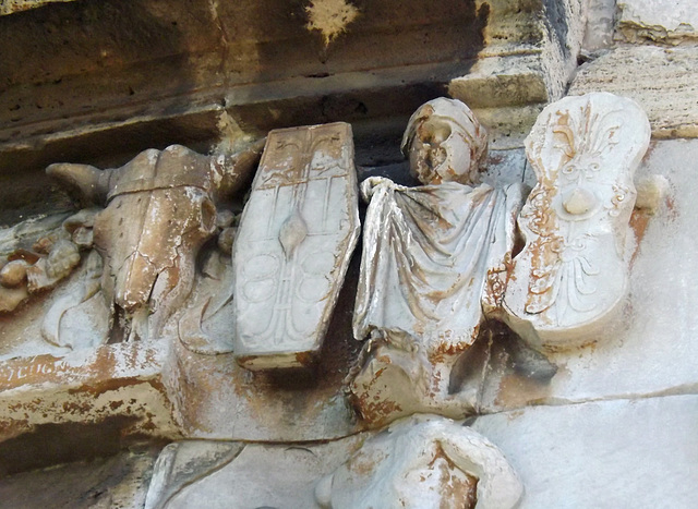 Detail of the Trophy Reliefs on the Tomb of Caecilia Metella in Rome, July 2012
