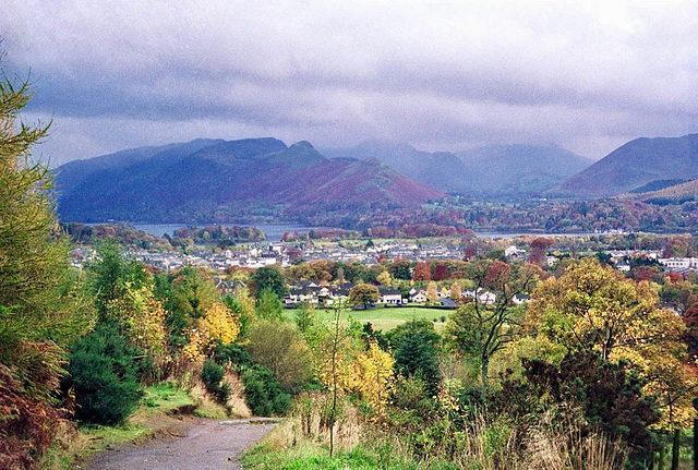 Looking from near Whinney Brow over Keswick and Derwent Water towards Catbells (Scan from Oct 1994)