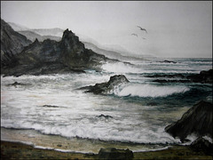 Aquarell der spanischen Küste bei Llançà bei nahendem Gewitter