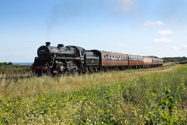 B.R. Standard class 4 2-6-0 76084 near Sheringham with 1M10 10.33 Sheringham - Holt service North Norfolk Railway 2nd September 2017.