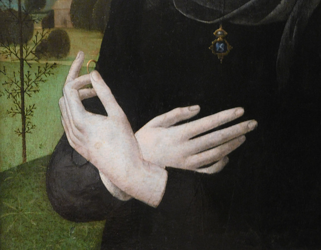 Detail of the Portrait of a Young Woman by Lorenzo di Credi in the Metropolitan Museum of Art, Sept. 2021