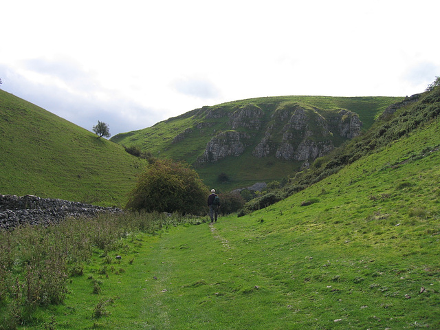 Slope down to the River Dove at Wolfscote Dale with Peaseland Rocks ahead