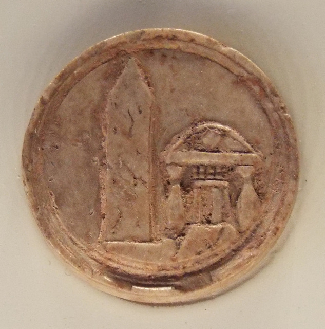 Theatre Token with an Obelisk and a Temple in the Getty Villa, June 2016