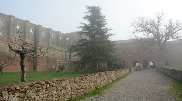 Italy, The Abbey of San Galgano in the Morning Fog