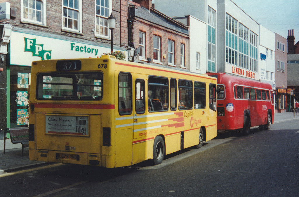 Capital Citybus 678 (L678 RMD) and Timebus RF491 (MXX 468) in Watford - 25 Aug 1996 (325-21)