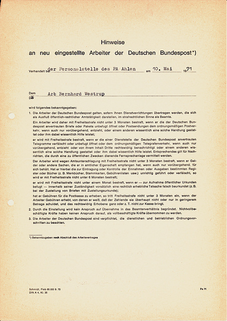 Vereidigung als Aushilfskraft bei der Deutschen Post 1971