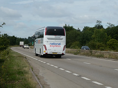 Ambassador Travel (National Express contractor) 214 (BV19 XRA) on the A11 at Barton Mills - 3 Jul 2020 (P1070068)