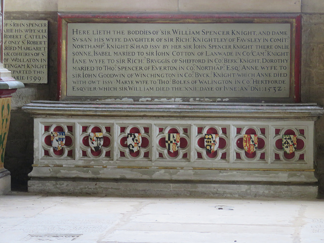 great brington church, northants (55)c16 tomb of sir william spencer +1532 and susan knightley, the back plate late c16