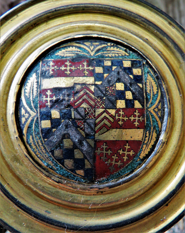 st mary's church, warwick,heraldry in enamel on ends of hearse over the tomb effigy of richard beauchamp, earl of warwick, +1439