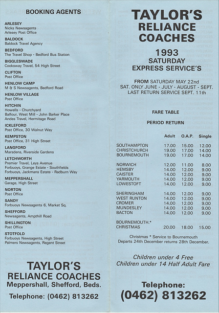 Taylors Reliance timetable 1993 - side 1