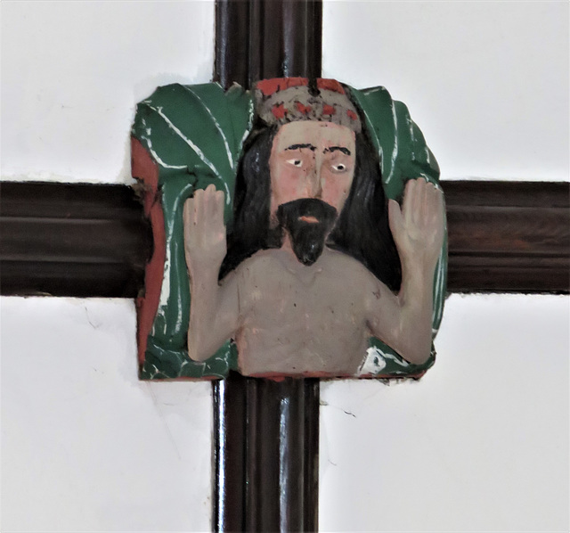 widecombe in the moor church, devon , c16 wooden boss christ showing wounds
