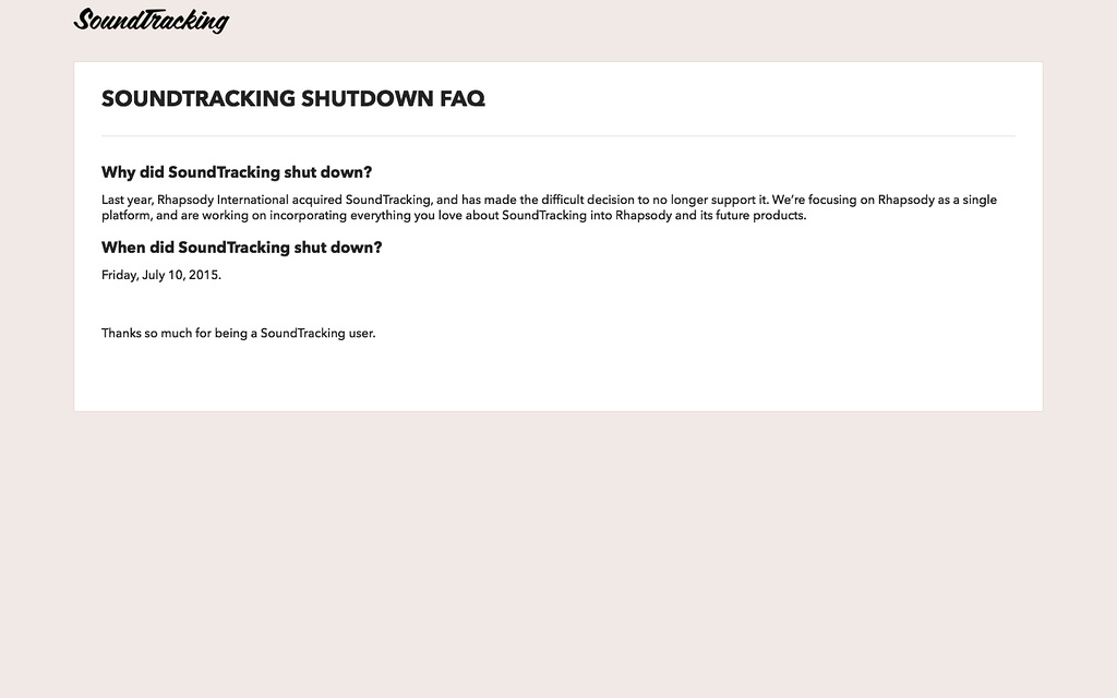 SoundTracking Shutdown FAQ (20150712)