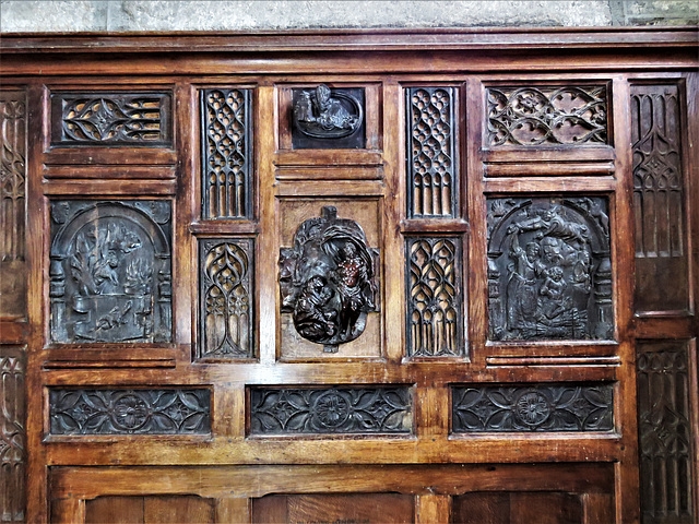 widecombe in the moor church, devon , c16-18 flemish carvings made up into a reredos