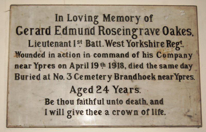 Memorial to Lieutenant Gerard Edmund Oakes, Saint James Church, Riddings, Derbyshire