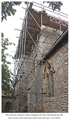St Julian's Church scaffolding around tower from East Shoreham 5 10 2023