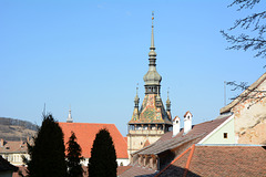 Romania, Sighişoara, Top of the Clock Tower above the Rooftops