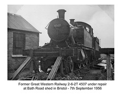 Alan Newman's photo of GWR 2-6-2T 4507 under repair at Bath Road shed - Bristol - 7.9.1956