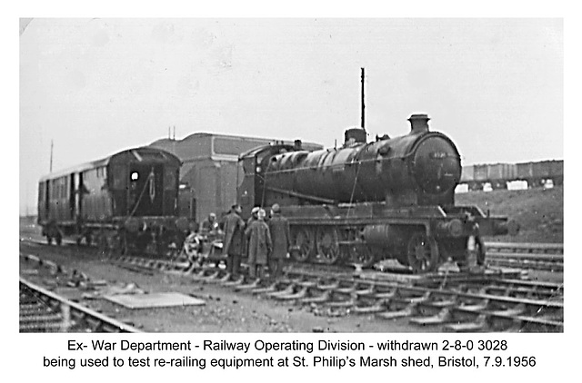 Ex ROD 2-8-0 3028 being used for re-railing trials - St Philip's Marsh - Bristol - 7.9.1956