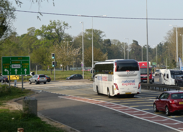 Whippet Coaches (National Express contractor) NX09 (BK15 AHR) at Fiveways, Barton Mills - 22 April 2019 (P1010027)