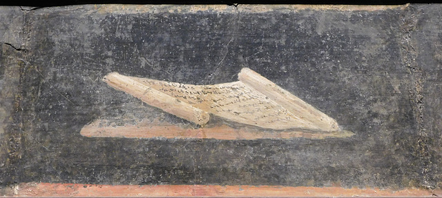 Detail of a Still Life from Herculaneum with Scribal Tools and Papyrus, ISAW, May 2022