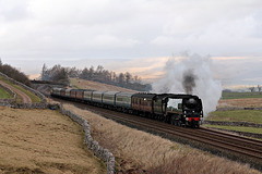 Bulleid Battle of Britain class 34067 TANGMERE passing Greengates with 1Z87 14.18 Carlisle - London Euston The Winter Cumbrian Mountain Express (steam as far as Preston) 22nd Frebruary 2025.