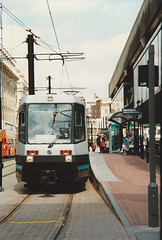Manchester Metrolink tram in Mosley Street, Manchester - 14 Jul 1992 (167-16)