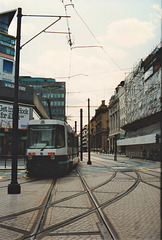 Manchester Metrolink tram and tracks in Mosley Street, Manchester - 14 Jul 1992 (167-20)