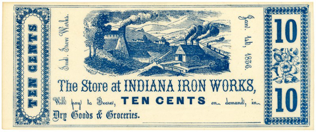 Indiana Iron Works Store Scrip, Indiana, Pa., January 1, 1856
