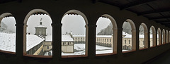 From the cloister, watching the snow that falls on the Oropa Sanctuary , Biella, Italy