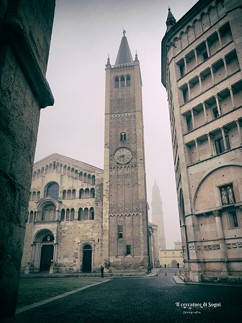 The cathedral square in a foggy morning