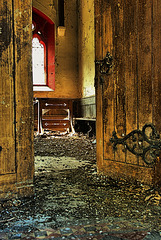 Door Ajar. Abandoned Chapel