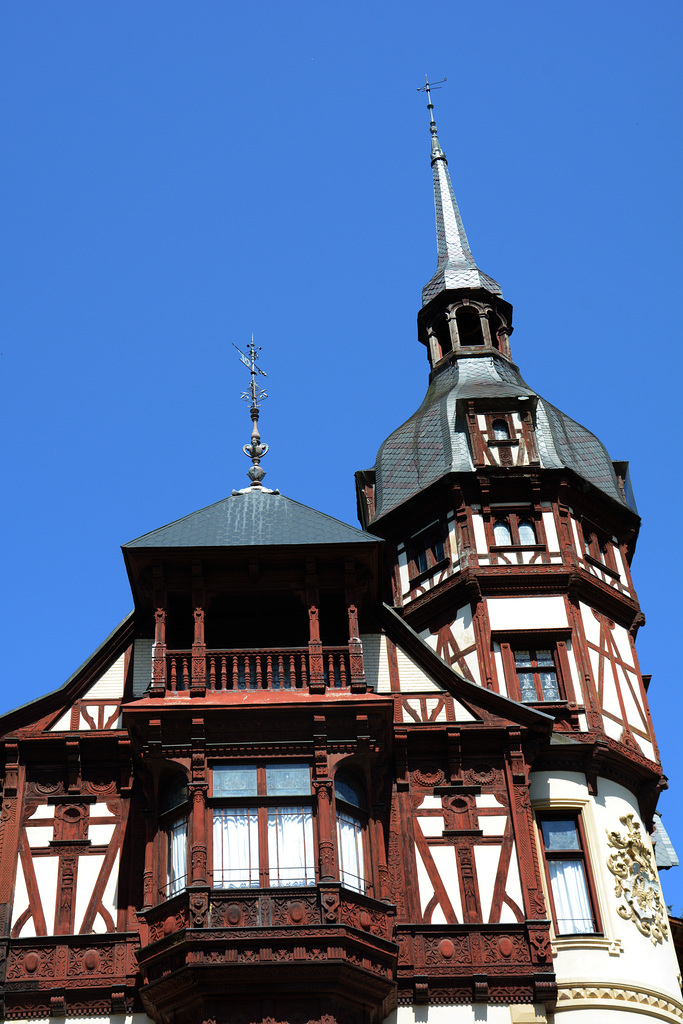 Romania, Sinaia, Wooden Balconies of the Right Tower of Peleș Castle
